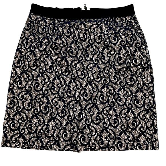 SOLITAIRE Large Navy Blue Lace‎ Overlay Tan Lined knee length skirt Ravi Khosla - Picture 1 of 7